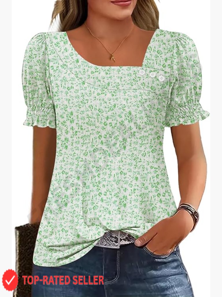 Square Neck Button Tunic Blouse Ruffle Trim Sleeve Casual Loose Fit Tee Trendy